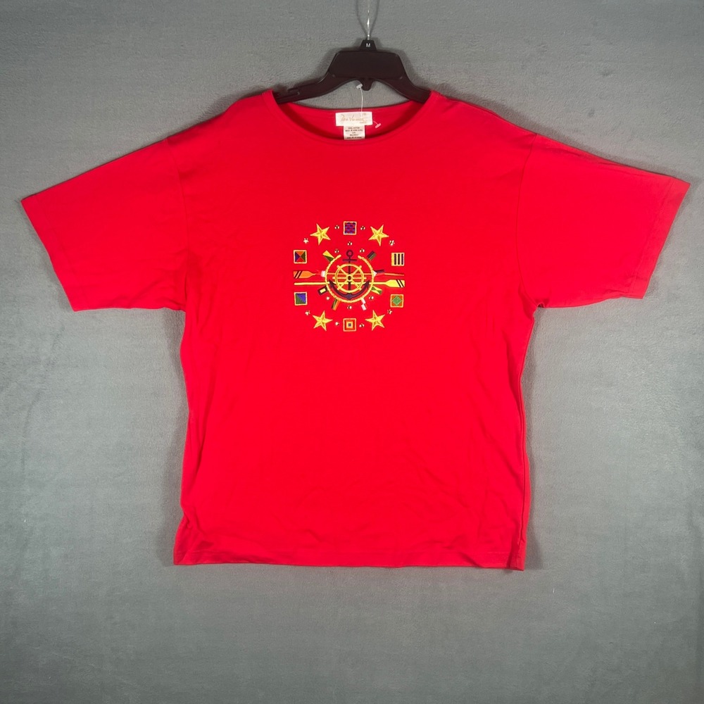Tara Vanessa Paris Women T-Shirt L/XL Red Nautical Embroidered Short Sleeve Vtg